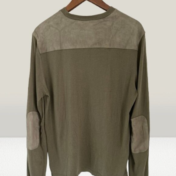 Michael Cors Crewneck Suede Elbow Shoulder Olive Green Cotton Blend - Large - Picture 1 of 10